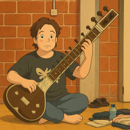 Dessin de Thierry Willame assis jouant du sitar